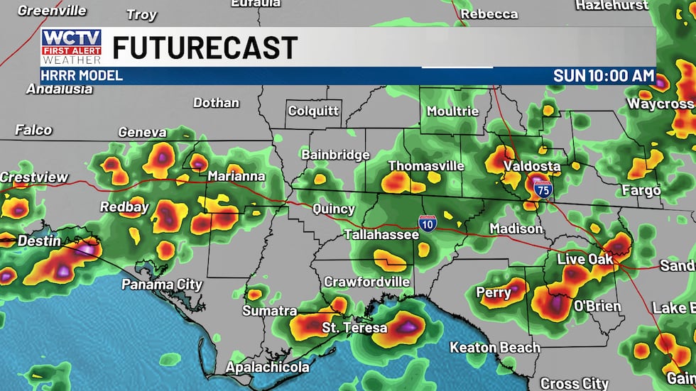 Rain continues periodically throughout Sunday.