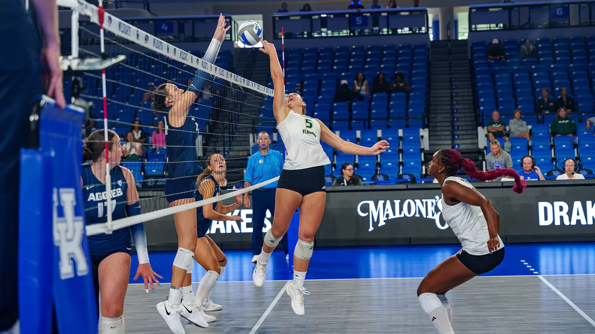 Nina Jioshvili-Ravva attacking from the set position against Utah State