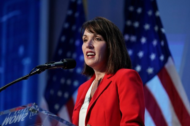 Moms for Liberty co-founder Tina Descovich, a former Brevard County School Board member, speaks at the group's meeting in Philadelphia in 2023. Descovich pushed back against claims of Moms for Liberty losing influence, characterizing last week's election as a "sweep" for the group's candidates. (AP Photo/Matt Rourke)
