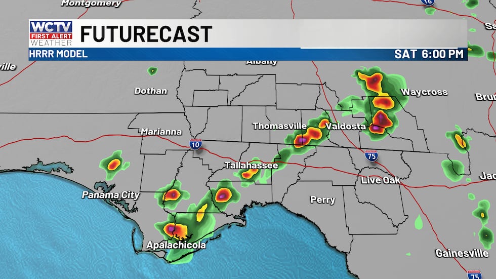 Showers and a few storms on Saturday, mainly in the afternoon.