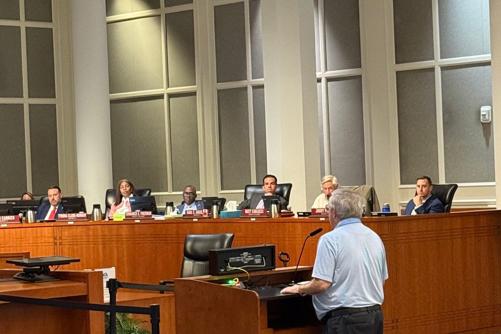 Attorney Paul Harden addresses the City Council on behalf of the applicant.