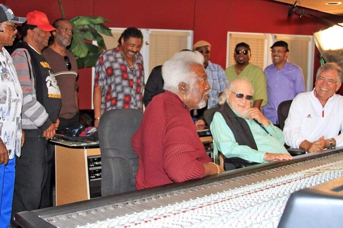 Willie Clarke, Clarence Reid, George "Chocolate" Perry, George McCrae, Timmy Thomas (partially hidden), Willie Hale, Jimmie 'Bo' Horne, Paul Lewis, Steve Alaimo, Henry Stone and musician Latimore in February 2013 at Vision Studios in North Miami. Alaimo and Stone co-founded TK Records and these musicians were some of Miami's shining stars for the label in the 1970s.