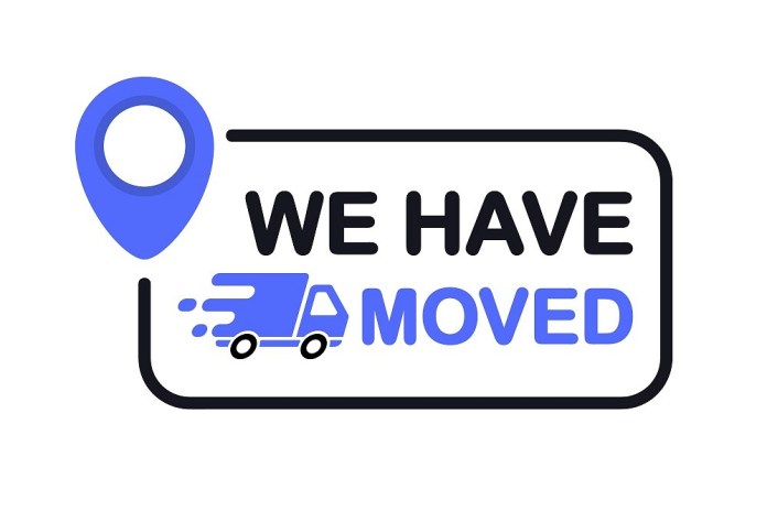 We have moved. We've moved. Business relocate, change address, moving announcement . Truck with map pointer. GPS guide with new address after relocation. Geotag template with place for new location