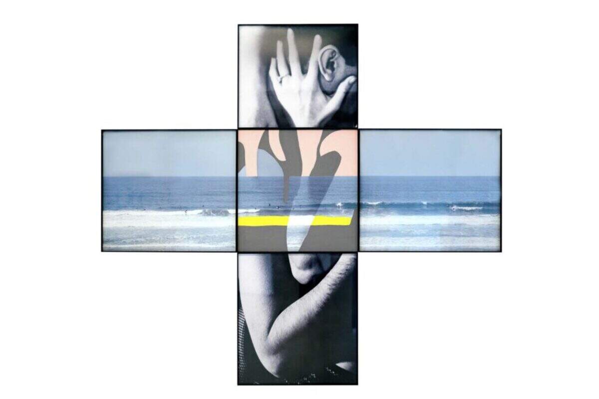 John Baldessari, “Intersection Series: Embrace (Hand and Ear)/Seascape,” 2001, Five digital photographic prints (one with acrylic paint) mounted on foam PVC board.