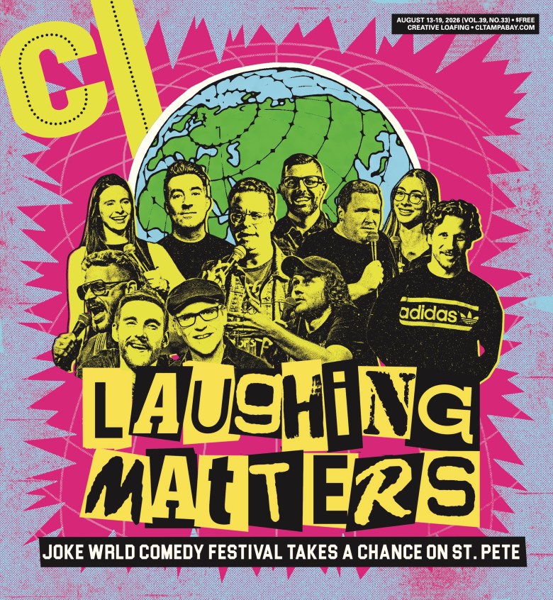 The cover of the August 13–19, 2026 issue of Creative Loafing Tampa Bay featuring a high-contrast graphic illustration for the Joke WRLD Comedy Festival. Set against a light purple background with a bright pink starburst frame and a green-and-white globe graphic, a group of ten stand-up comedians is rendered in yellow and black halftone artwork across the center. Large yellow-and-black cutout letters spell out the main headline "LAUGHING MATTERS," positioned directly above a black banner reading "JOKE WRLD COMEDY FESTIVAL TAKES A CHANCE ON ST. PETE" in bold white lettering. In the top-left corner, the large yellow "CL" logo sits opposite publication details in the top-right corner.