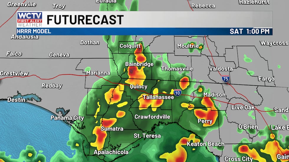 Rain periodically throughout the day.