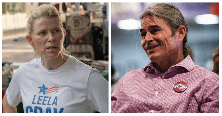 A side-by-side split photograph featuring Democratic congressional candidates Brig. Gen. Leela Gray on the left and Brandt Robinson on the right for Florida’s District 13 race. On the left, photo by Corey Richard Peterson shows Gray in a medium close-up shot wearing a white t-shirt reading "LEELA GRAY" with a star logo at the Largo Evening Market on July 25, 2026. On the right, photo by Dave Decker shows Robinson smiling in profile wearing a pink button-up shirt with a red "BRANDT" campaign button at Allendale United Methodist Church in St. Petersburg on August 5, 2026.