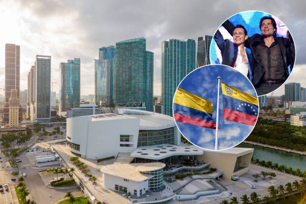 Images of the Kaseya Center, flags of Colombia and Venezuela, and singers Marc Anthony and Chayanne
