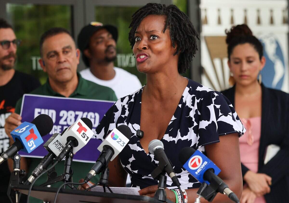 Florida Senatorial candidate Angie Nixon speaks outside Miami City Hall to call on city officials to end Miami's 287(g) agreement with ICE, especially now that Haitians and Venezuelans have lost TPS on Monday, August 3, 2026, in City Hall in Miami, Fla.