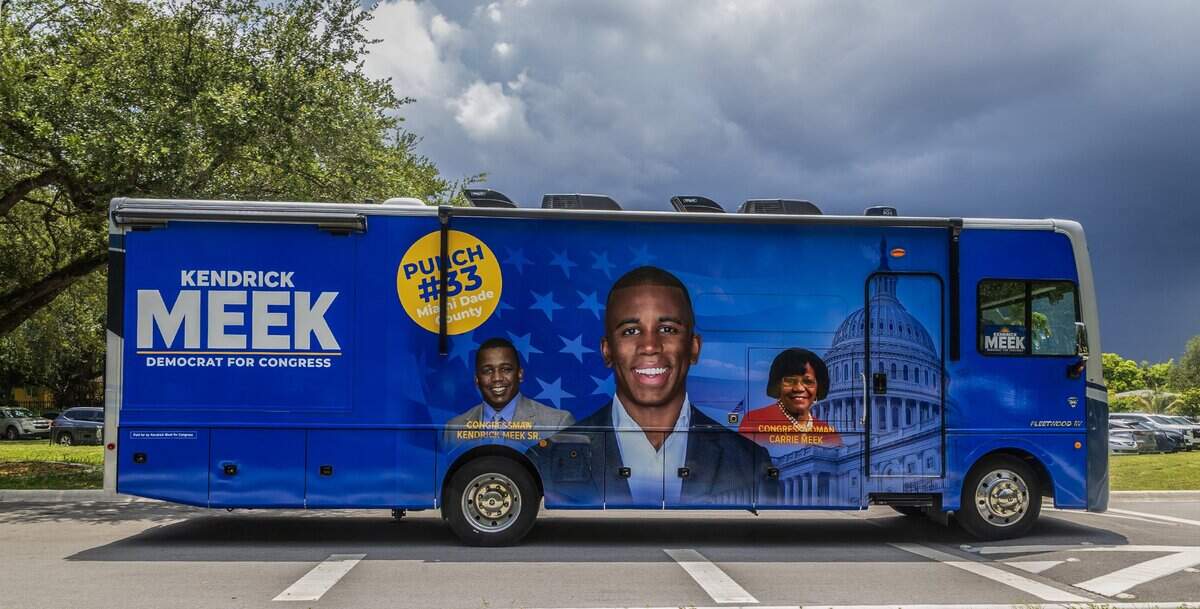 View of the Kendrick Meek's campaign for congress RV, at the Rolling Oaks Park as he rallies during the South Florida HBCU Picnic, to follow in his family's legacy and get elected to Congress, in Miami Gardens, on Saturday July 25, 2026.