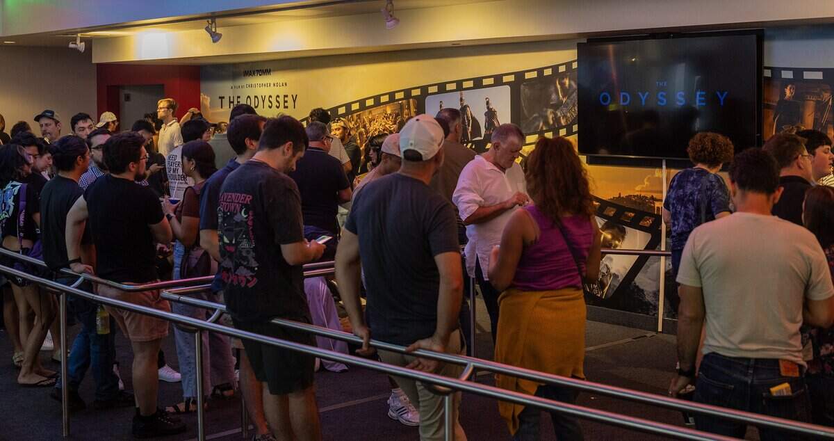 Movie goers lined up early to see the sold out, epic film “The Odyssey” at the movie theater in the Museum of Discovery and Science, which is the only theater in South Florida, showing the film in 70mm IMAX, on Friday August 07, 2026.