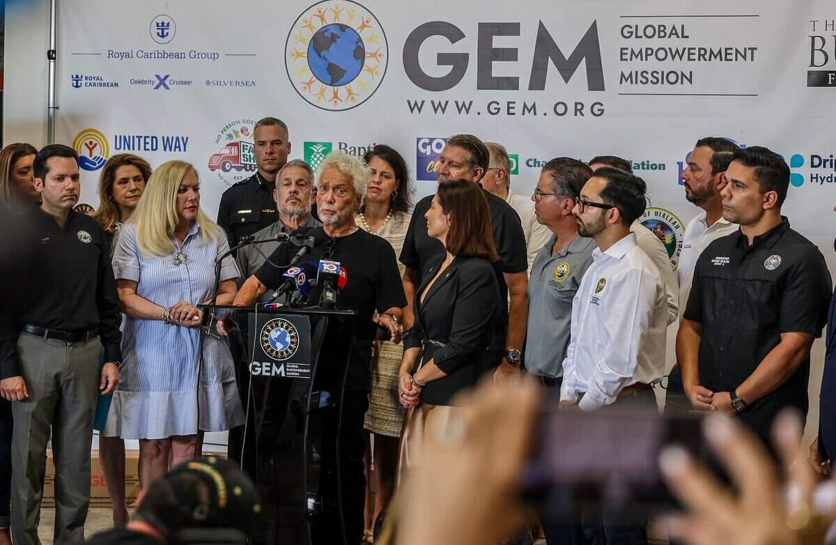 Colombian entrepreneur Jorge Hané speaks as part of a group of elected officials from South Florida, the City of Doral and businesses leaders that joined Mayor Christi Fraga and Michael Capponi, founder of the Global Empowerment Mission (GEM), during a press conference to detail the urgent relief operations and a call for local volunteers and the need of donations a day after the devastating 7.4-magnitude earthquake that struck western Colombia, on August 10, at the organization’s headquarters in Doral, on Tuesday August, 2026.