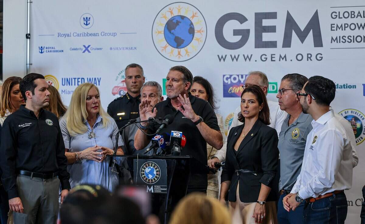 A group of elected officials from South Florida with the City of Doral Mayor and businesses leaders joined Michael Capponi, founder of the Global Empowerment Mission (GEM) as he talks during a press conference to detail the urgent relief operations and a call for local volunteers and the need of donations a day after the devastating 7.4-magnitude earthquake that struck western Colombia, on August 10, at the organization’s headquarters in Doral, on Tuesday August, 2026.