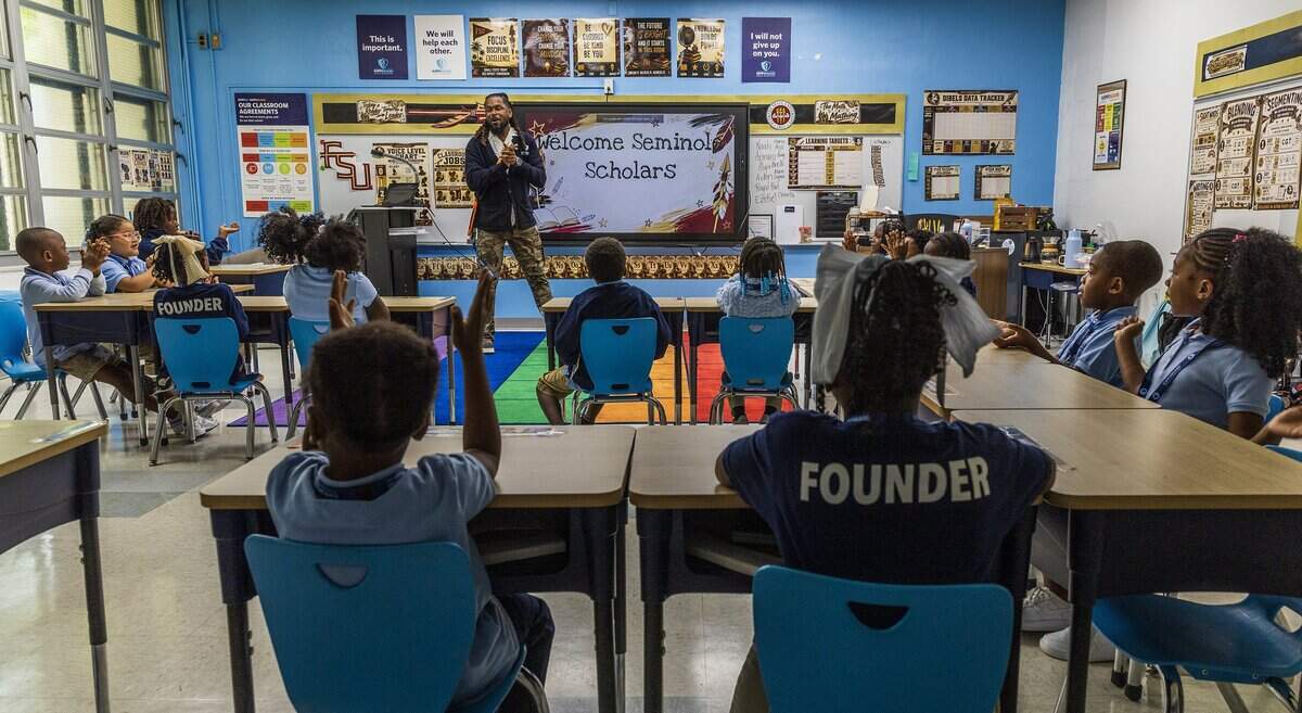 Teacher Todd Rutledge talks to first grade students at KIPP Legacy Elementary at the former site of the Poinciana Park Elementary, located at 6745 NW 23rd Ave, in Liberty City, Miami, Florida, on Friday August 21, 2026.