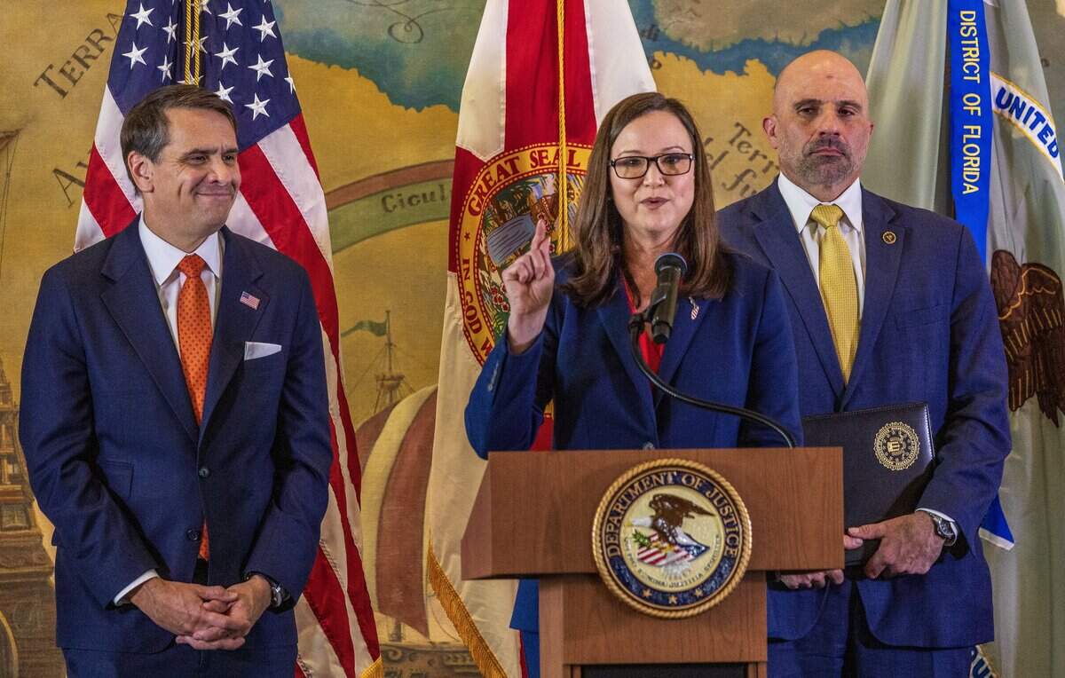 From left- Acting Attorney General Todd Blanche and U.S. FBI Deputy Director Christopher G. Raia listened U.S. Senator Ashley Moody speaks during the announcement of a federal indictment against Raúl Castro for the shoot-down of two Brothers to the Rescue planes in 1996, during an event to honor the victims of that tragic event, celebrated at the iconic Freedom Tower, in Miami, on Wednesday, May 20, 2026.