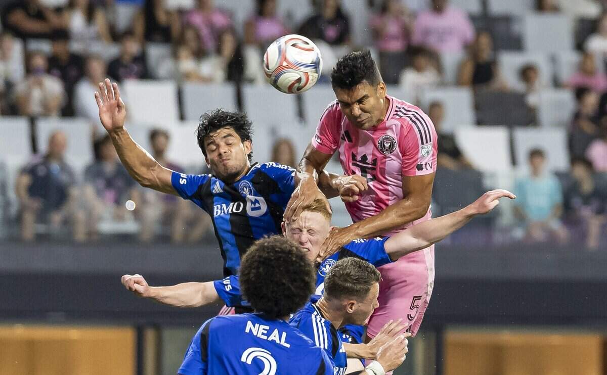 Inter Miami midfielder Casemiro (5) scores a header against CF Montréal in the first half of their MLS match at Nu Stadium on Saturday, Aug. 29, 2026, in Miami, Fla.