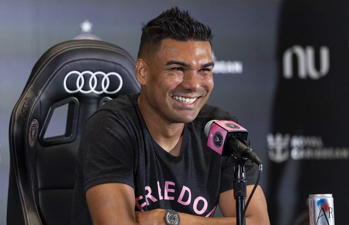 Inter Miami midfielder Casemiro (5) speaks during an introductory press conference at Nu Stadium on Thursday, July 30, 2026, in Miami, Fla.