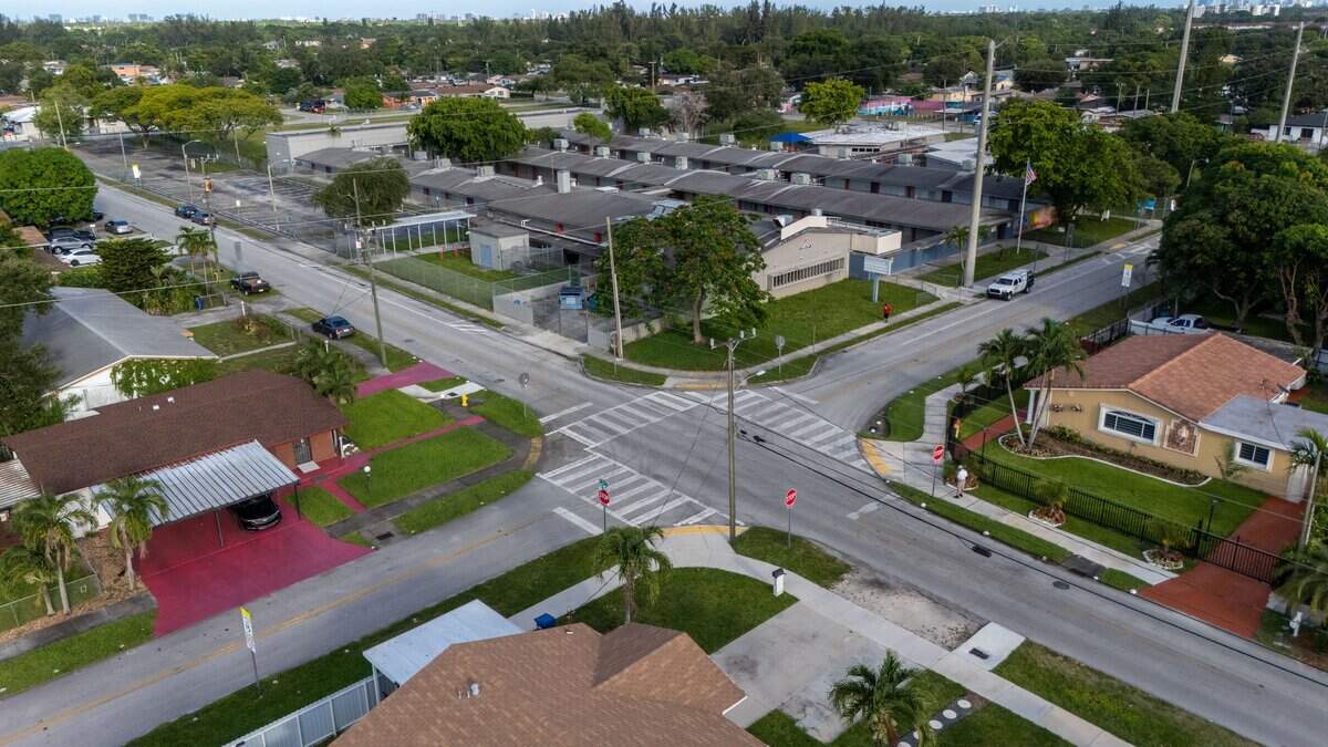 An aerial view of Rainbow Park Elementary on Wednesday, July 22, 2026. The public school located in Opa-Locka, Florida, is in a large suburb setting.The school is one of nine public schools recently closed by Miami Dade County.