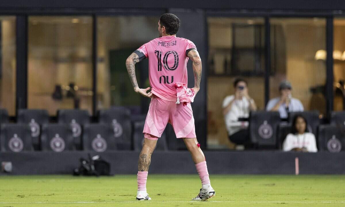 Inter Miami midfielder Rodrigo de Paul (7) celebrates scoring a goal against Monterrey by taking off his jersey in support of his teammate, forward Lionel Messi (10), during the first half of their Leagues Cup 2026 soccer match at Nu Stadium on Saturday, Aug. 8, 2026, in Miami, Fla. Messi's father, Jorge Messi, 68, died early Saturday morning at a hospital in Rosario, Argentina.