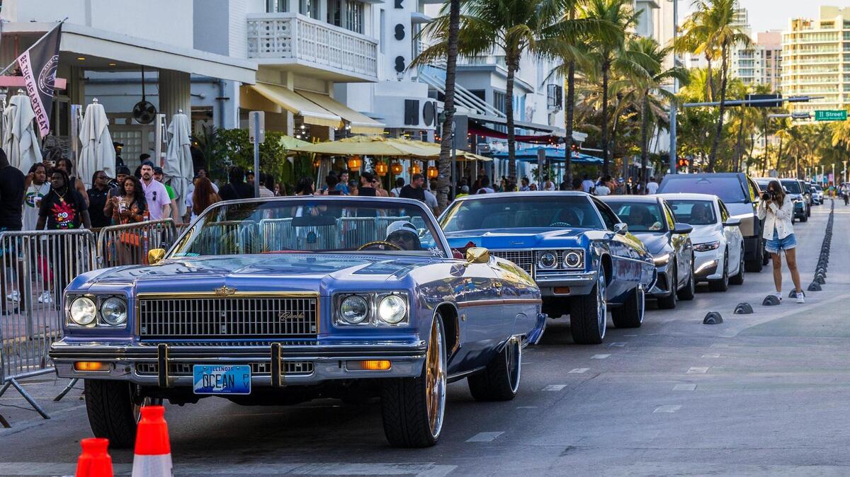 Vintage cars seen on Ocean Drive, during spring break, in Miami Beach, Florida. on Saturday March 22, 2025. Vintage cars seen on Ocean Drive, during spring break, in Miami Beach, Florida. on Saturday March 22, 2025.