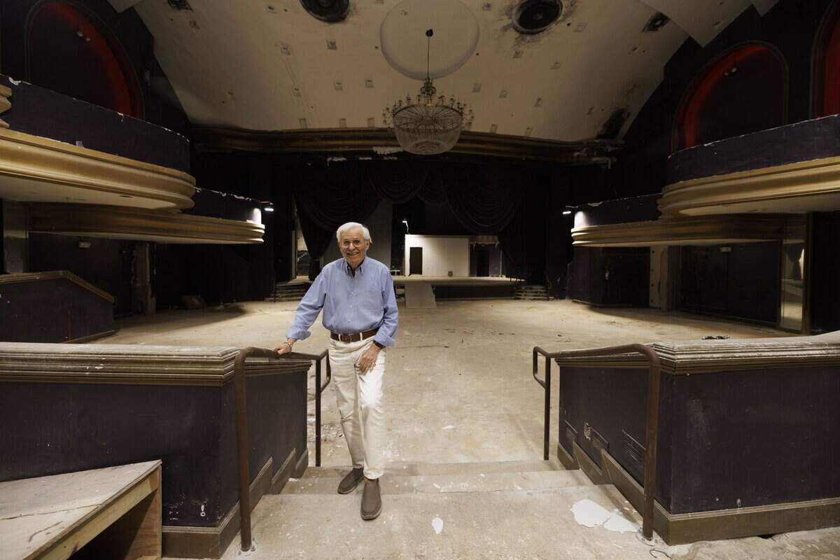 Stu Blumberg, the original general manager, poses inside the old Playboy Theater on Thursday, Dec. 4, 2025, at the Castle Hotel in Miami Beach, Fla. Jackie Gleason played a role in the design of the theatre. “We opened it as the newest hotel in Miami Beach 58 years ago now,” said Blumberg.
