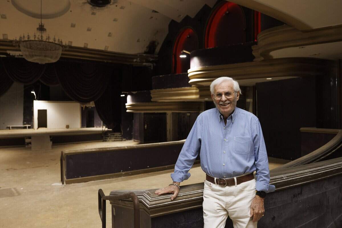 Stu Blumberg, the original general manager, poses inside the old Playboy Theater on Thursday, Dec. 4, 2025, at the Castle Hotel in Miami Beach, Fla. Jackie Gleason played a role in the design of the theater. “We opened it as the newest hotel in Miami Beach 58 years ago now,” said Blumberg.