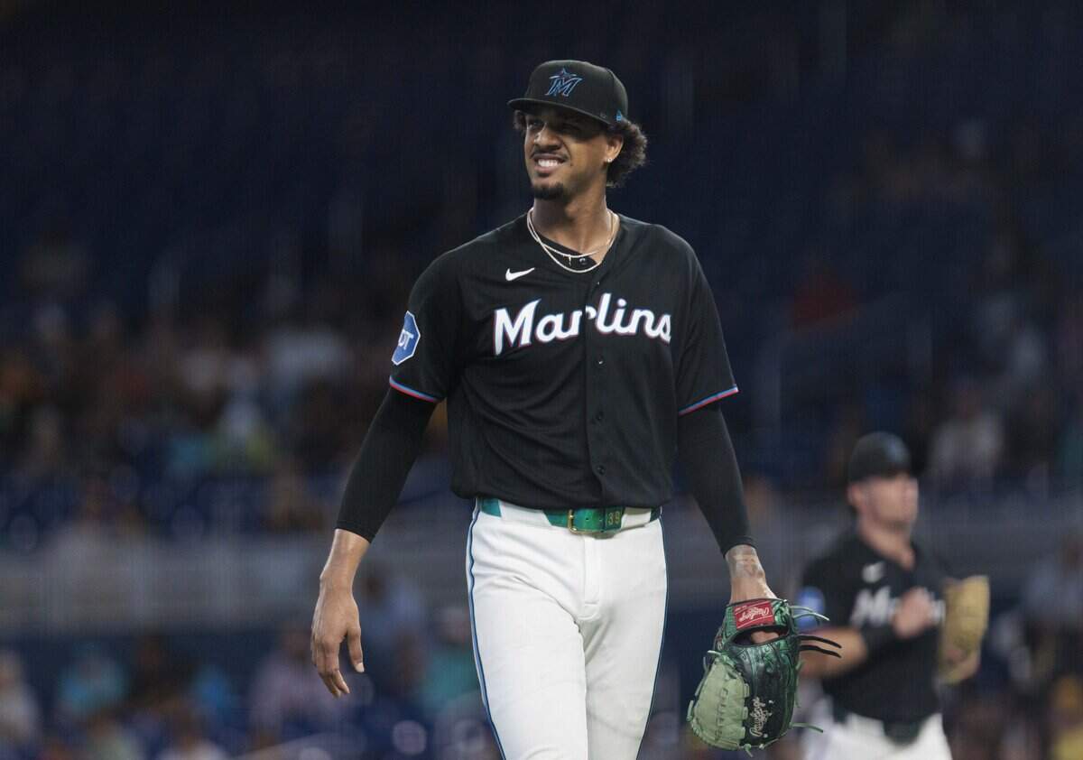 Miami Marlins pitcher Eury Pérez (39) reacts to striking someone out during the second inning of a game against the Pittsburgh Pirates on Tuesday, Aug. 11, 2026, at loanDepot Park in Miami, Fla.