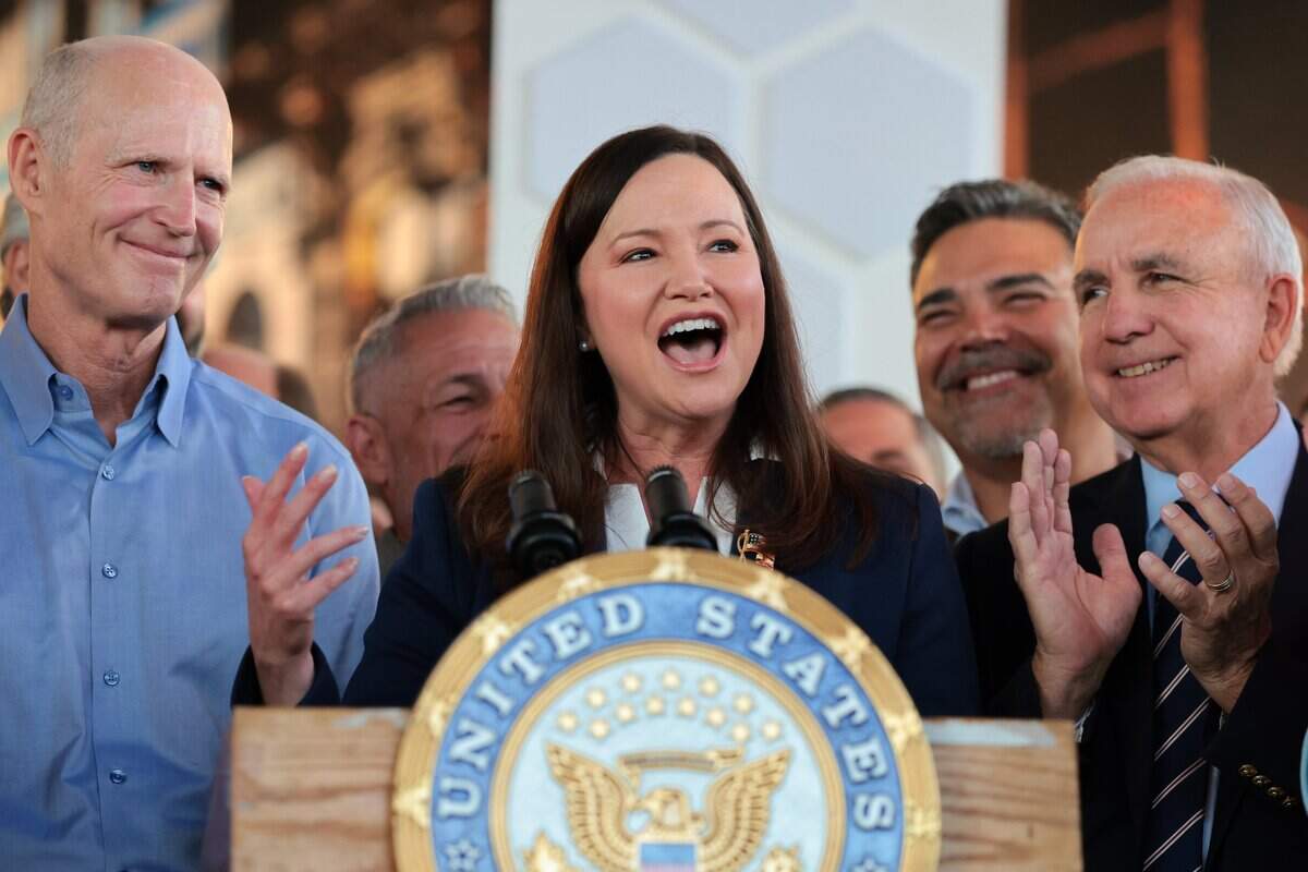 United States Senator Ashley Moody, center, joined by Sen. Rick Scott, left, and Rep. Carlos Gimenez, right, speaks to reporters about U.S actions in Venezuela during a press conference at Las Vegas Cuban Cuisine on Monday, Jan. 5, 2026, in Doral, Fla.
