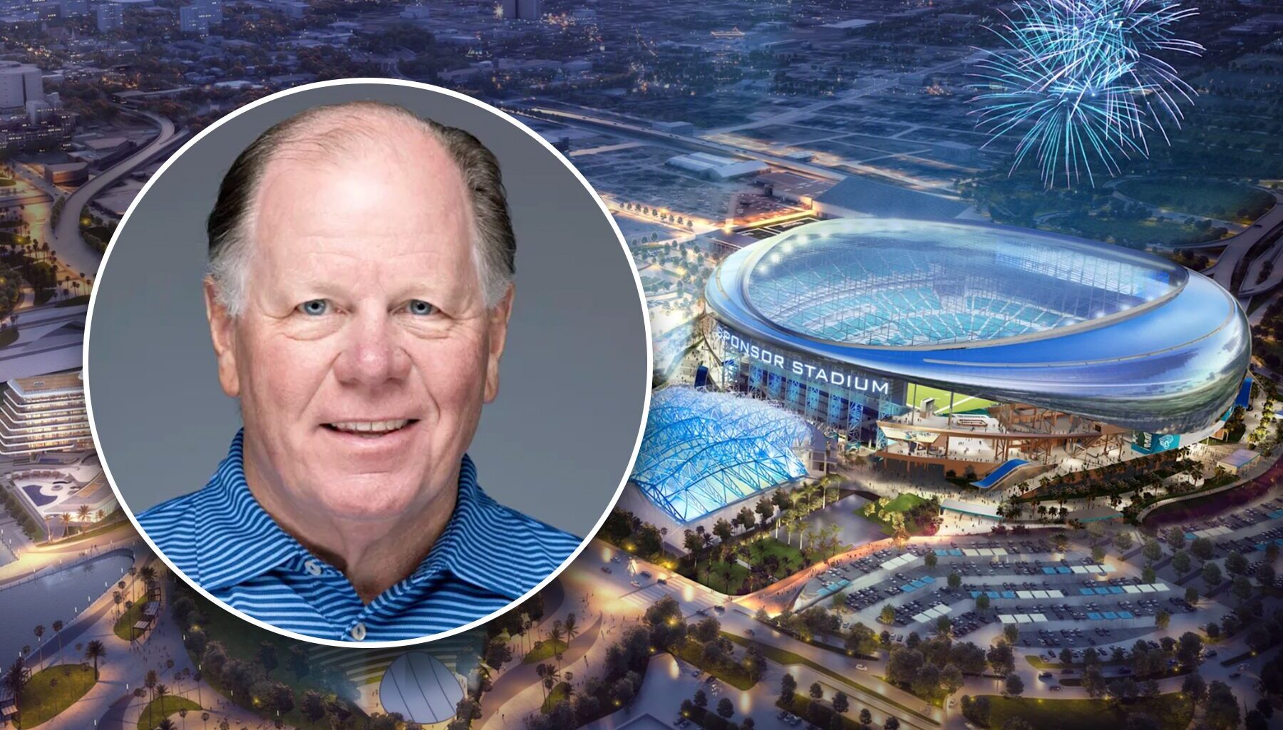 Headshot of man over stadium rendering