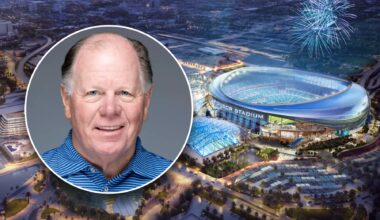 Headshot of man over stadium rendering