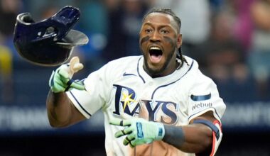 Tampa Bay Rays' Jorge Mateo celebrates his walk off hit against San Diego Padres pitcher David Morgan during the 11th inning of a baseball game Sunday, Aug. 30, 2026, in St. Petersburg, Fla. (AP Photo/Chris O'Meara)