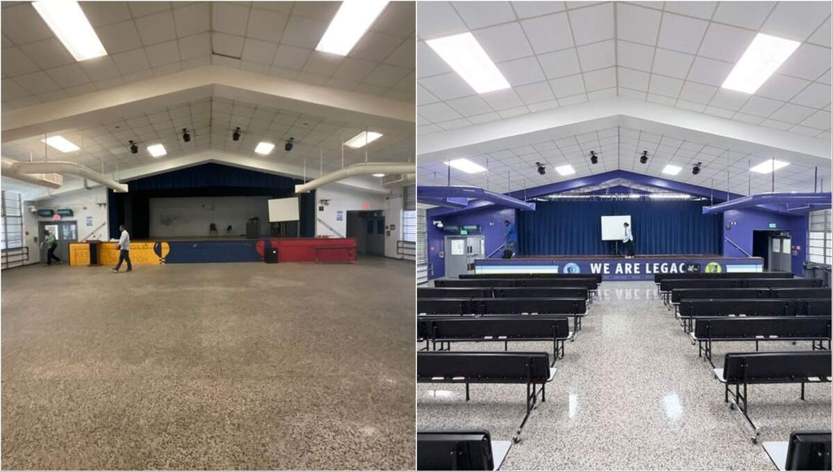 Before and after photos of KIPP Legacy’s cafetorium space in the former Poinciana Park Elementary site.
