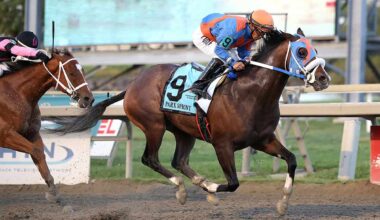 Florida-bred Thoroughbred Buccherino, guided by jockey Paco Lopez, gallops to the wire at Parx Racing. Competitor Maximus Meridius applies pressure from the inside rail, but Buccherino and Lopez pulled away to win the 2025 Parx Sprint. (Photo: ©Nikki Sherman/EQUI-PHOTO)