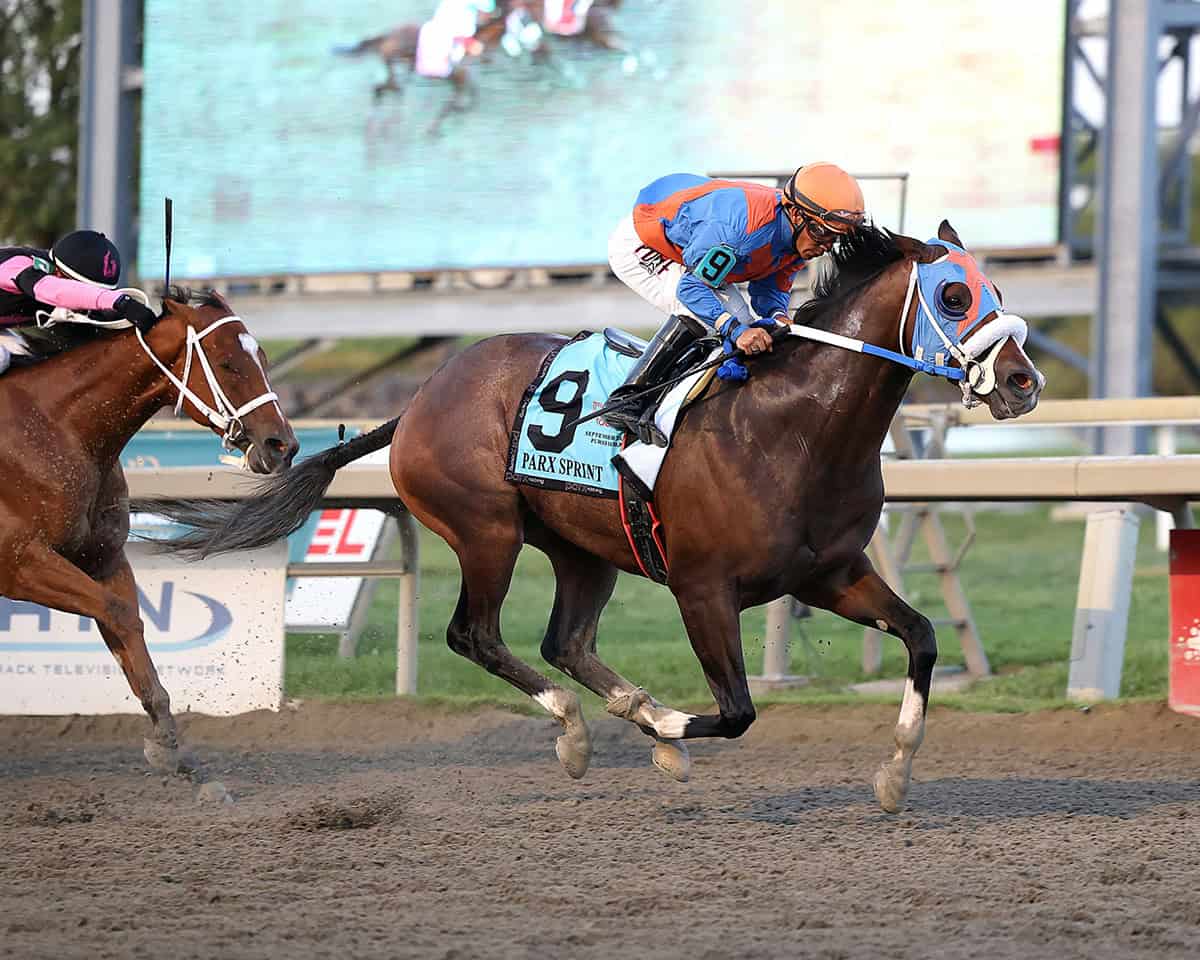 Florida-bred Thoroughbred Buccherino, guided by jockey Paco Lopez, gallops to the wire at Parx Racing. Competitor Maximus Meridius applies pressure from the inside rail, but Buccherino and Lopez pulled away to win the 2025 Parx Sprint. (Photo: ©Nikki Sherman/EQUI-PHOTO)