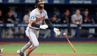 Baltimore Orioles' Dylan Beavers watches his two-run single off Tampa Bay Rays pitcher Kevin Kelly during the seventh inning of a baseball game Friday, Aug. 14, 2026, in St. Petersburg, Fla. (AP Photo/Chris O'Meara)