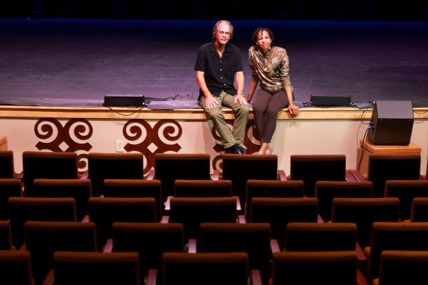 Playwright Jeff Rusnak, left, and director Carrie Brianna Hart in the auditorium of the African-American Research Library and Community Center in Fort Lauderdale, Saturday, Aug. 15, 2026. They are producing a play about the 1935 lynching of Rubin Stacy in Fort Lauderdale. (Mike Stocker/South Florida Sun Sentinel)