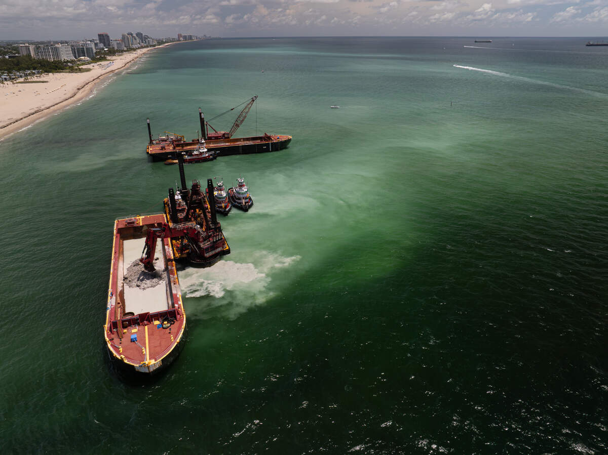 An aerial view of sediment plumes from the Port Everglades Inlet Sand Bypass Project.