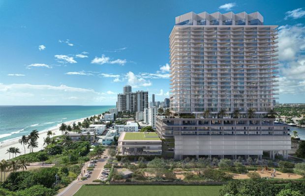 An artist's illustration shows a luxury condo tower with workforce housing apartments planned on public land at 1301 South Ocean Drive, now home to a park and community center in Hollywood. (SOM/CFE/ARX, Courtesy)