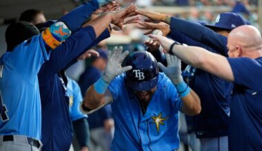 Tampa Bay Rays' Jonathan Aranda celebrates his home run against the Detroit Tigers during the sixth inning of a baseball game Monday, Aug. 24, 2026, in Detroit. (AP Photo/Paul Sancya)