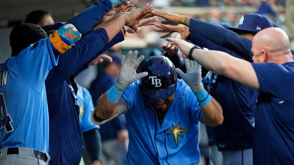 Tampa Bay Rays' Jonathan Aranda celebrates his home run against the Detroit Tigers during the sixth inning of a baseball game Monday, Aug. 24, 2026, in Detroit. (AP Photo/Paul Sancya)