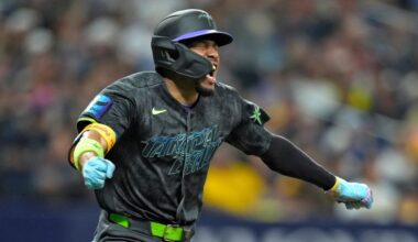 Tampa Bay Rays' Chandler Simpson celebrates after his RBI single off San Diego Padres pitcher Adrian Morejon during the seventh inning of a baseball game Saturday, Aug. 29, 2026, in St. Petersburg, Fla. (AP Photo/Chris O'Meara)