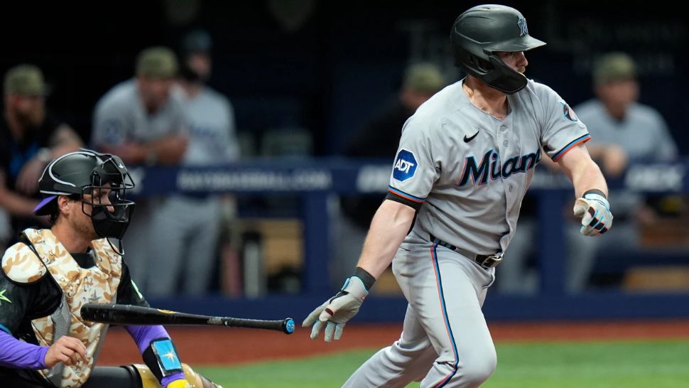 Liam Hicks watches his two-run single off Tampa Bay Rays pitcher Hunter Bigge during the 10th inning of a baseball game Saturday, May 16, 2026, in St. Petersburg, Fla. On Monday, Aug. 3, Hicks was traded to the Rays. (AP Photo/Chris O'Meara)