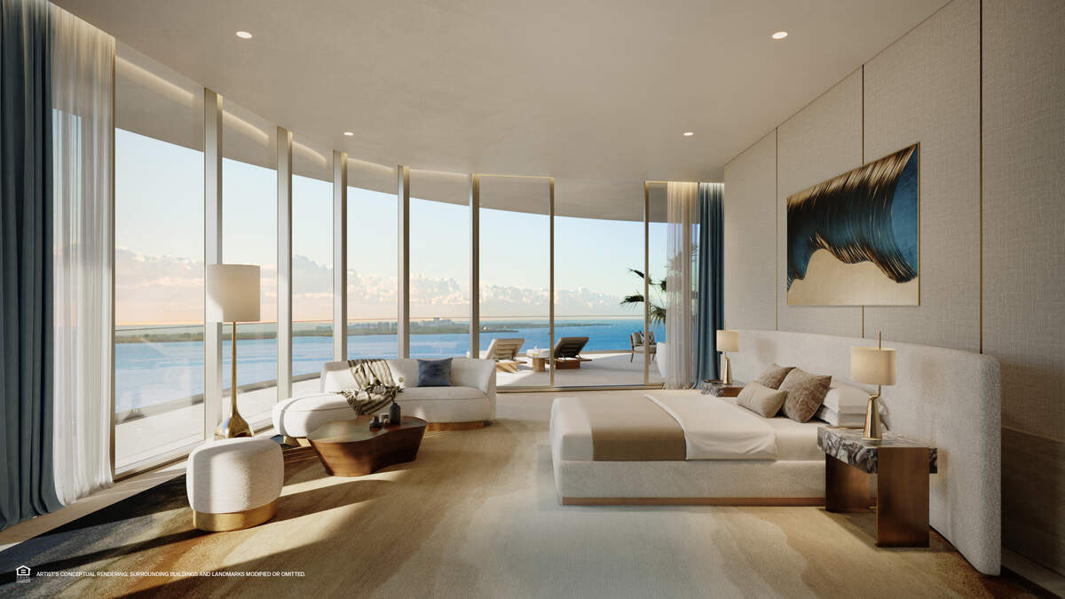 A rendering shows the primary bedroom of the St. Regis penthouse.