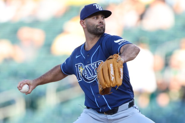 Tampa Bay Rays pitcher Nick Martinez throws to an Athletics batter during the first inning of a baseball game Tuesday, Aug. 11, 2026, in West Sacramento, Calif. (AP Photo/Scott Marshall)