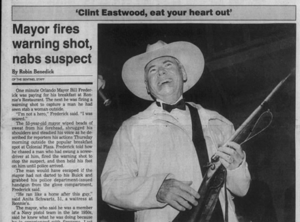 The Orlando Sentinel's front-page story from May 1988 of Mayor Bill Frederick's saga chasing down a suspect in a stabbing and firing his city-issued gun. He was given the rifle at an event later that day. (Orlando Sentinel File)