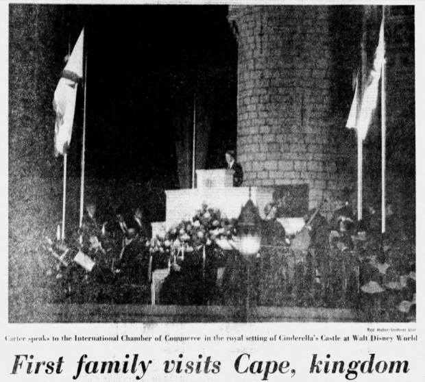 Part of Orlando's Sentinel Star front page from Oct. 2, 1978 showing President Carter speaking in front of Cinderella Castle at Walt Disney World's Magic Kingdom. (Orlando Sentinel File)