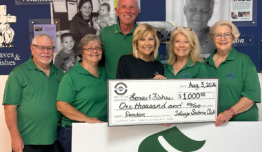 Foliage Sertoma Club of Apopka members present a $1,000 donation to Loaves & Fishes on Monday to help cover the cost of replacing two aging air-conditioning units at the food pantry’s Apopka facility. Pictured from left are John Clorman, Sertoma club sergeant-at-arms; Lorena Potter, club chairman; Eric Mock, club president; Lory Reeves, Loaves & Fishes director; Diane Haubner, club 2027-28 president-elect; and Beverly Winesburgh, club secretary/treasurer.