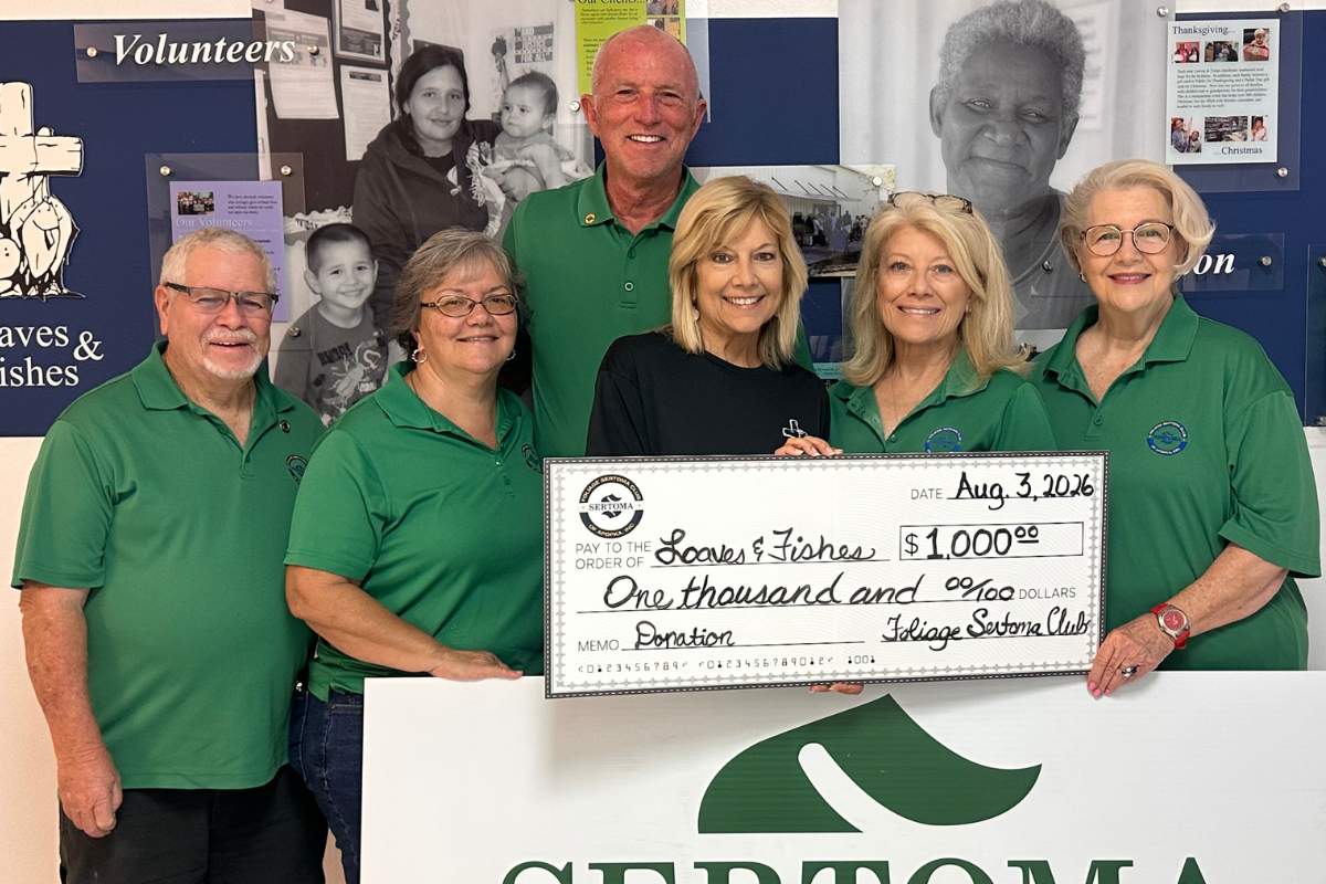 Foliage Sertoma Club of Apopka members present a $1,000 donation to Loaves & Fishes on Monday to help cover the cost of replacing two aging air-conditioning units at the food pantry’s Apopka facility. Pictured from left are John Clorman, Sertoma club sergeant-at-arms; Lorena Potter, club chairman; Eric Mock, club president; Lory Reeves, Loaves & Fishes director; Diane Haubner, club 2027-28 president-elect; and Beverly Winesburgh, club secretary/treasurer.