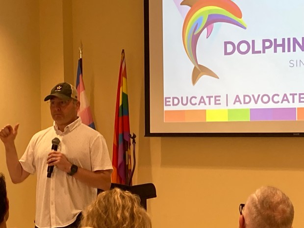 Alex Vindman, a candidate for the Democratic nomination for U.S. Senate, speaks to a get-out-the-vote rally sponsored by the Dolphin Democrats LGBTQ+ political club at the Pride Center at Equality Park in Wilton Manors on Saturday, Aug. 15, 2026. (Anthony Man/South Florida Sun Sentinel)