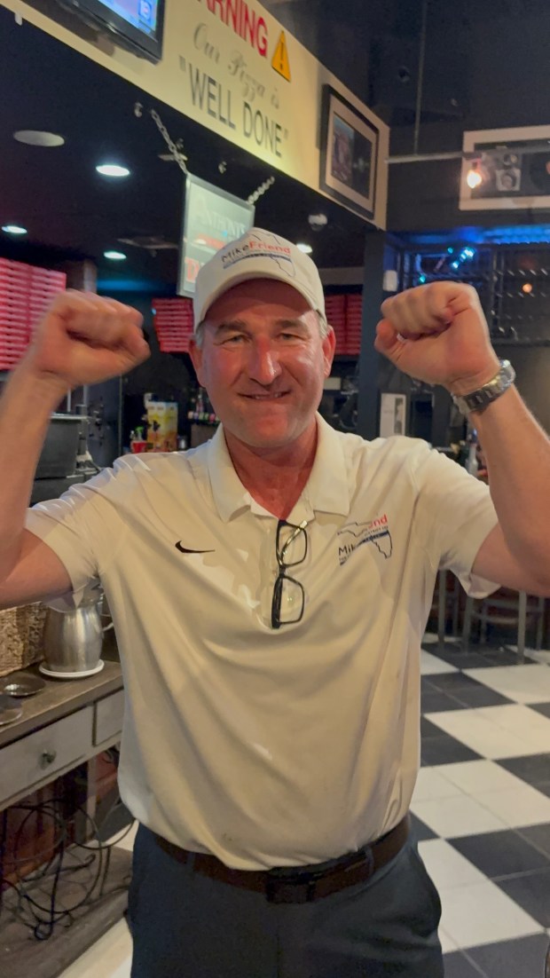 Mike Friend celebrates his victory in the House District 102 Democratic primary on election night, Aug. 18, 2026, at a Plantation pizzeria. (courtesy)